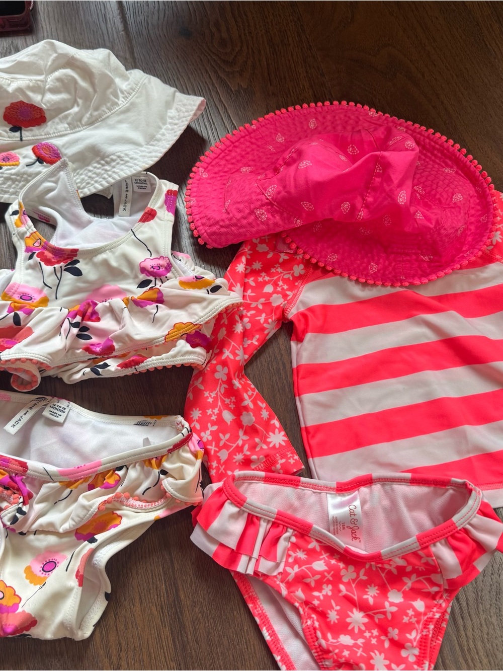 Janie and Jack Girls White Floral and Bright Pink Stripe Swim Set with Hats